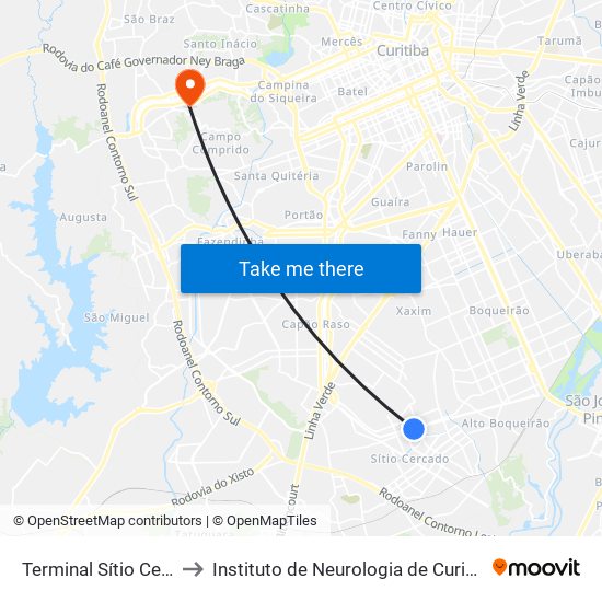 Terminal Sítio Cercado to Instituto de Neurologia de Curitiba (INC) map
