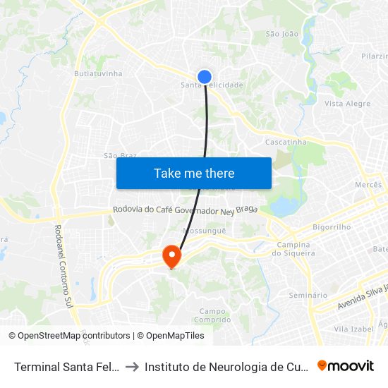 Terminal Santa Felicidade to Instituto de Neurologia de Curitiba (INC) map