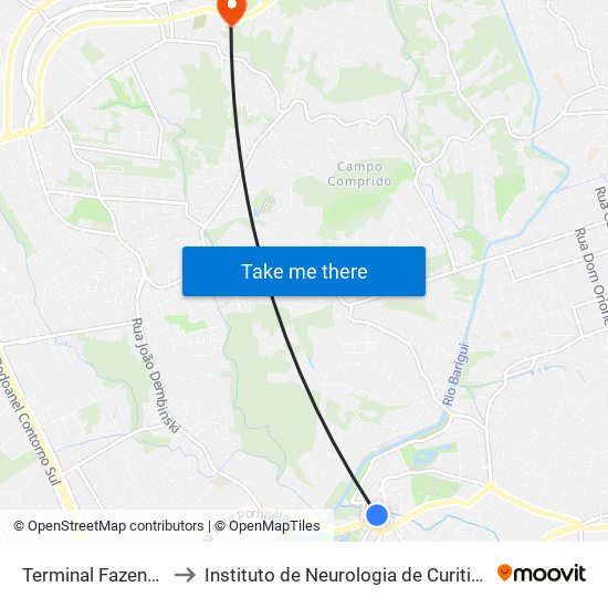 Terminal Fazendinha to Instituto de Neurologia de Curitiba (INC) map