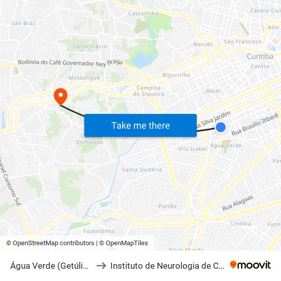 Água Verde (Getúlio Vargas) to Instituto de Neurologia de Curitiba (INC) map