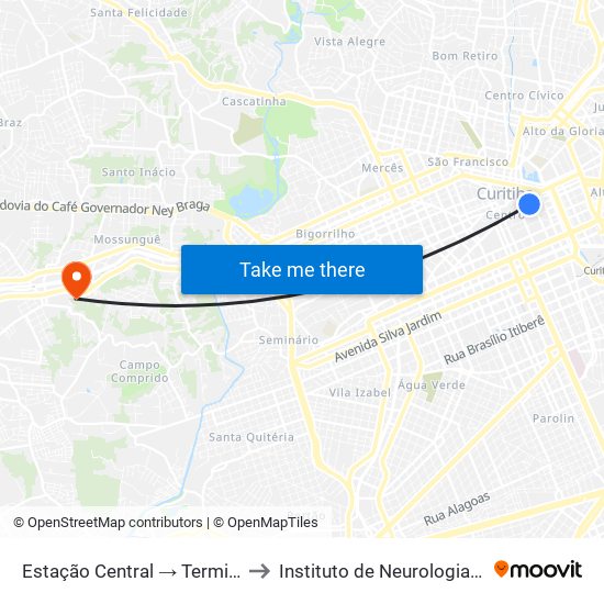 Estação Central → Terminal Santa Cândida to Instituto de Neurologia de Curitiba (INC) map