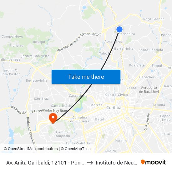 Av. Anita Garibaldi, 12101 - Ponto De Integração Temporal (Desembarque) to Instituto de Neurologia de Curitiba (INC) map