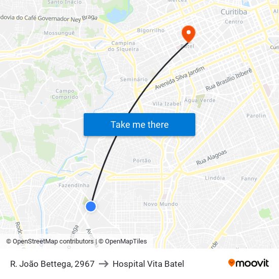 R. João Bettega, 2967 to Hospital Vita Batel map