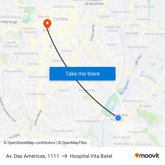Av. Das Américas, 1111 to Hospital Vita Batel map