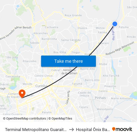 Terminal Metropolitano Guaraituba to Hospital Ônix Batel map