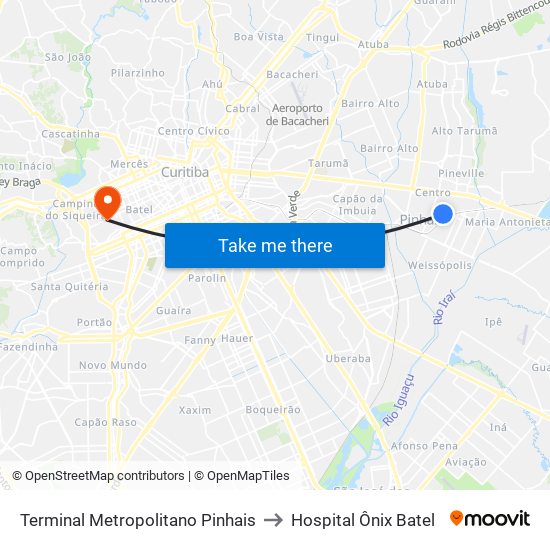 Terminal Metropolitano Pinhais to Hospital Ônix Batel map