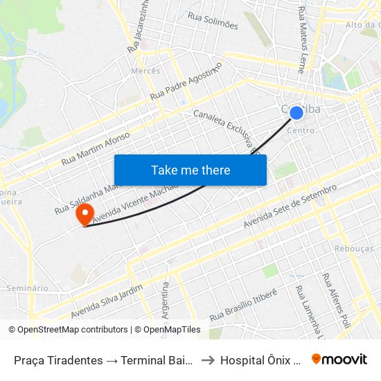 Praça Tiradentes → Terminal Bairro Alto to Hospital Ônix Batel map