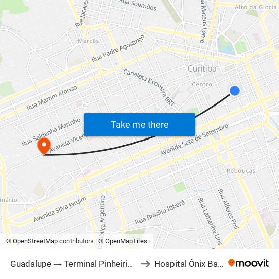 Guadalupe → Terminal Pinheirinho to Hospital Ônix Batel map