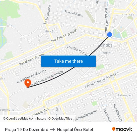 Praça 19 De Dezembro to Hospital Ônix Batel map