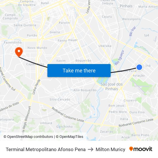 Terminal Metropolitano Afonso Pena to Milton Muricy map