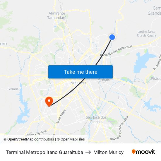 Terminal Metropolitano Guaraituba to Milton Muricy map