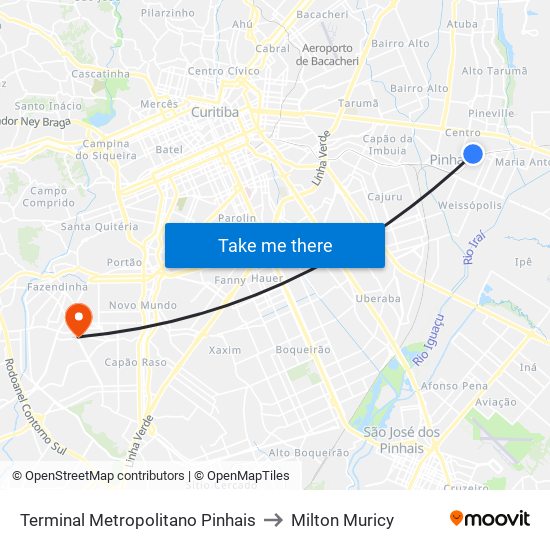 Terminal Metropolitano Pinhais to Milton Muricy map