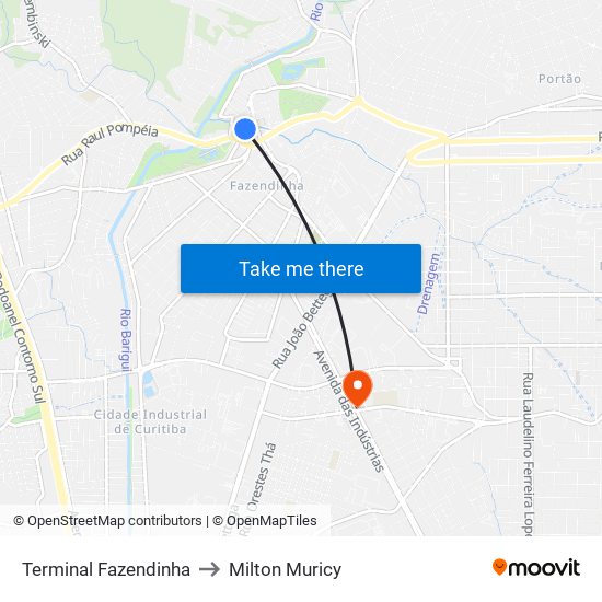 Terminal Fazendinha to Milton Muricy map