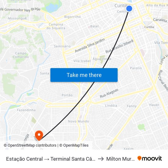 Estação Central → Terminal Santa Cândida to Milton Muricy map