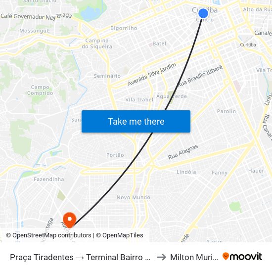 Praça Tiradentes → Terminal Bairro Alto to Milton Muricy map