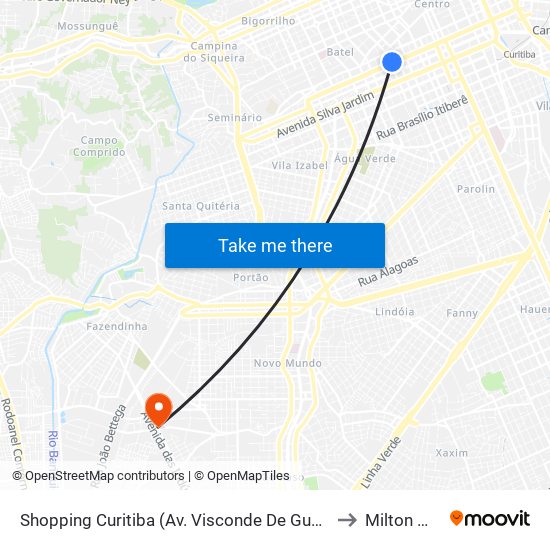 Shopping Curitiba (Av. Visconde De Guarapuava, 3850) to Milton Muricy map