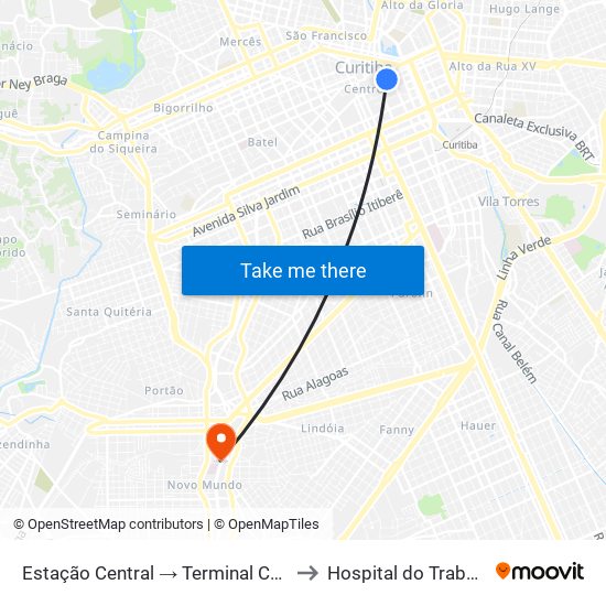 Estação Central → Terminal Capão Raso to Hospital do Trabalhador map