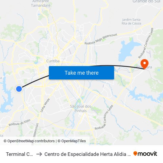 Terminal Caiuá to Centro de Especialidade Herta Alidia Milbratz map