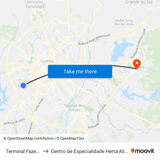 Terminal Fazendinha to Centro de Especialidade Herta Alidia Milbratz map