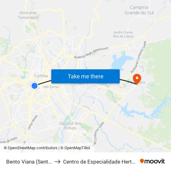 Bento Viana (Sentido Norte) to Centro de Especialidade Herta Alidia Milbratz map