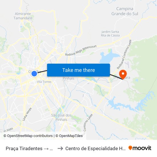 Praça Tiradentes → Terminal Pinhais to Centro de Especialidade Herta Alidia Milbratz map