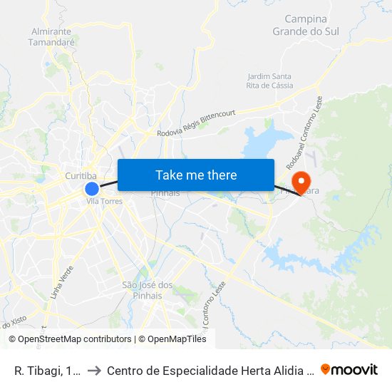 R. Tibagi, 1064 to Centro de Especialidade Herta Alidia Milbratz map