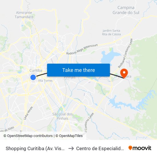 Shopping Curitiba (Av. Visconde De Guarapuava, 3850) to Centro de Especialidade Herta Alidia Milbratz map