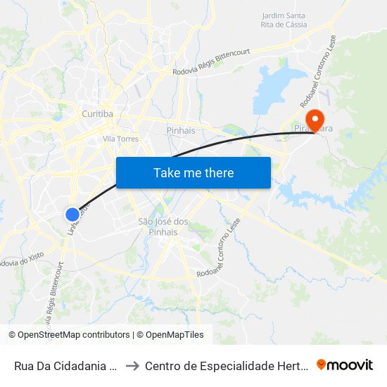 Rua Da Cidadania Pinheirinho to Centro de Especialidade Herta Alidia Milbratz map