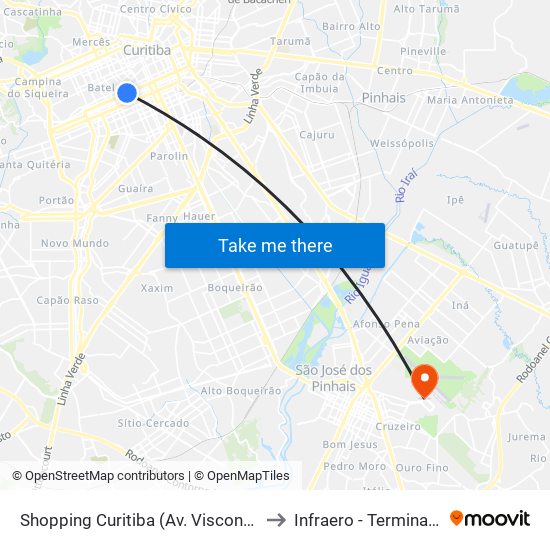 Shopping Curitiba (Av. Visconde De Guarapuava, 3850) to Infraero - Terminal De Importação map