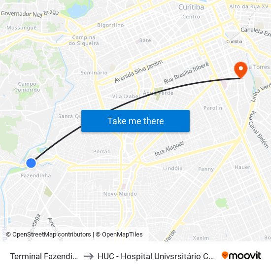 Terminal Fazendinha to HUC - Hospital Univsrsitário Cajuru map