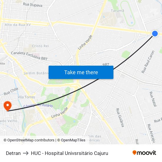 Detran to HUC - Hospital Univsrsitário Cajuru map