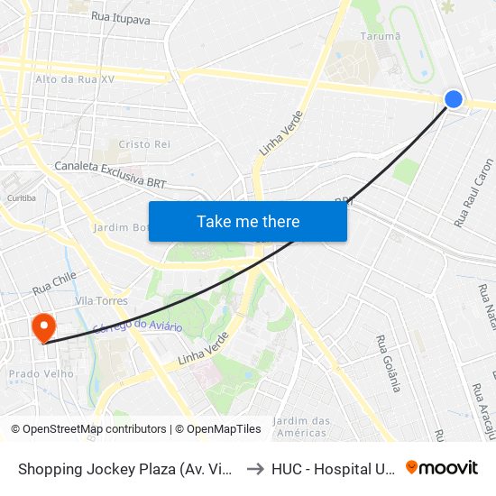 Shopping Jockey Plaza (Av. Victor Ferreira Do Amaral, 2300) to HUC - Hospital Univsrsitário Cajuru map