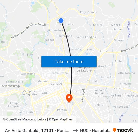 Av. Anita Garibaldi, 12101 - Ponto De Integração Temporal (Desembarque) to HUC - Hospital Univsrsitário Cajuru map