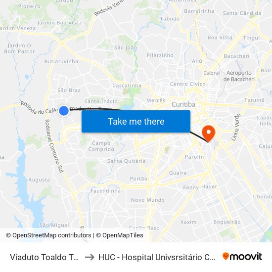 Viaduto Toaldo Túlio to HUC - Hospital Univsrsitário Cajuru map