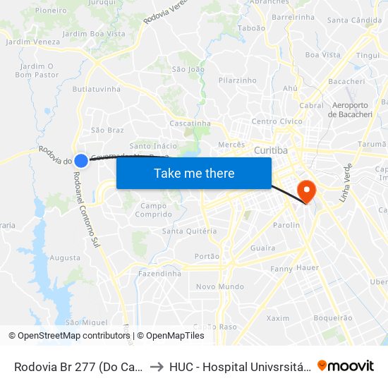 Rodovia Br 277 (Do Café), 5245 to HUC - Hospital Univsrsitário Cajuru map