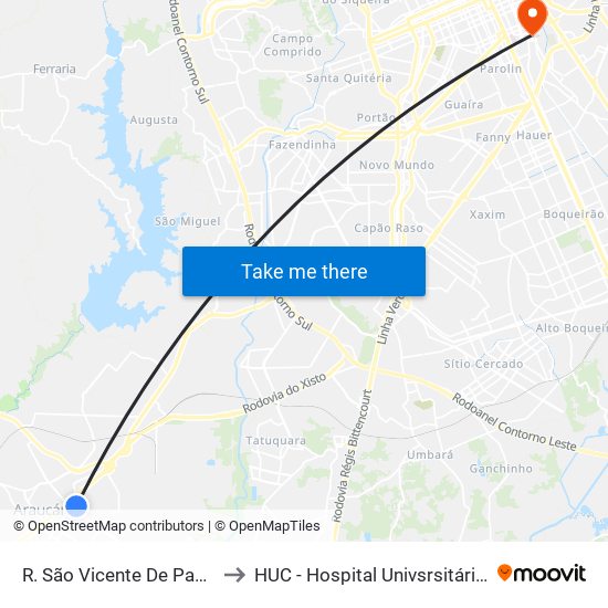 R. São Vicente De Paulo, 822 to HUC - Hospital Univsrsitário Cajuru map