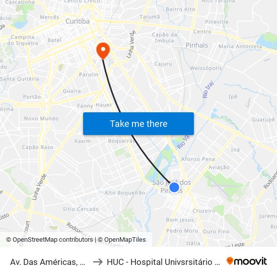 Av. Das Américas, 1111 to HUC - Hospital Univsrsitário Cajuru map