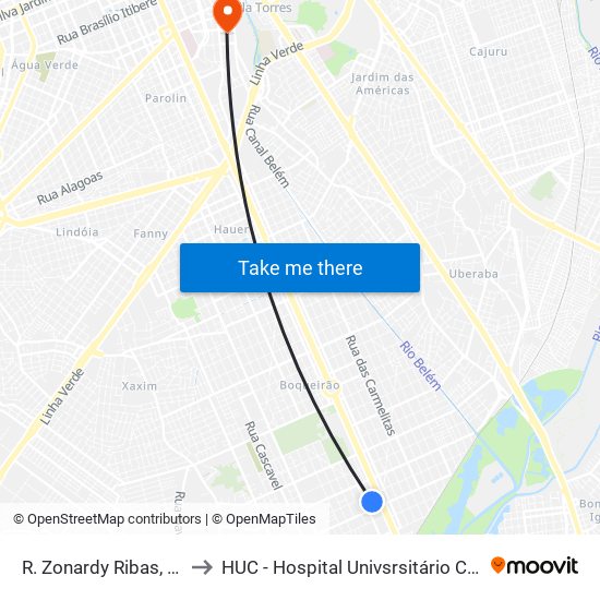 R. Zonardy Ribas, 750 to HUC - Hospital Univsrsitário Cajuru map