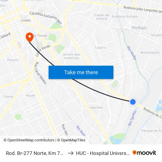 Rod. Br-277 Norte, Km 78 - Peladeiros to HUC - Hospital Univsrsitário Cajuru map