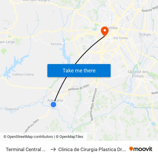 Terminal Central Araucária to Clinica de Cirurgia Plastica Dr.Milton Daniel map