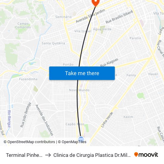 Terminal Pinheirinho to Clinica de Cirurgia Plastica Dr.Milton Daniel map