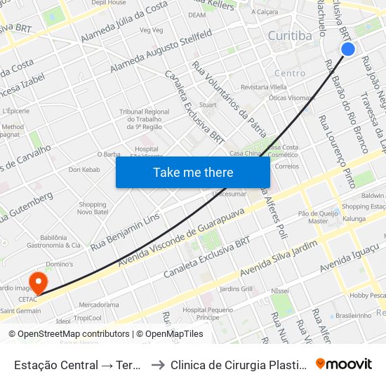 Estação Central → Terminal Capão Raso to Clinica de Cirurgia Plastica Dr.Milton Daniel map