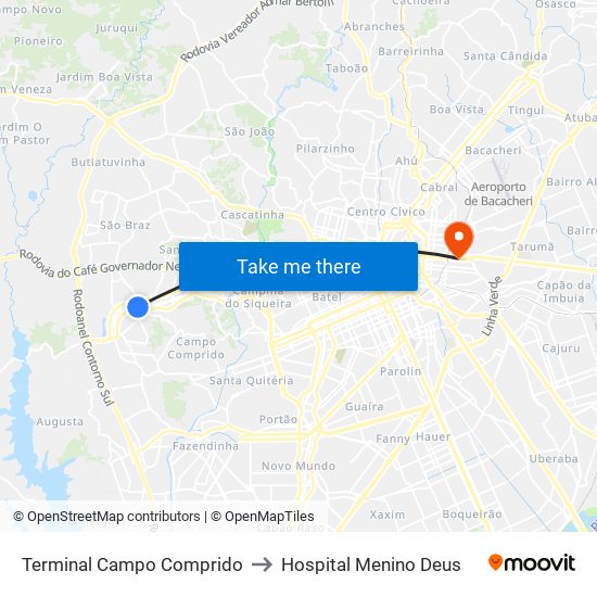 Terminal Campo Comprido to Hospital Menino Deus map