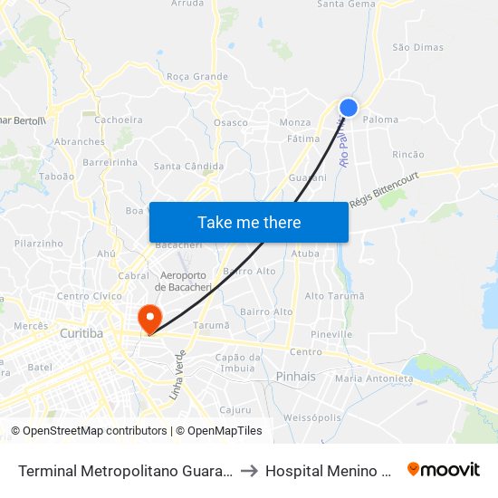 Terminal Metropolitano Guaraituba to Hospital Menino Deus map