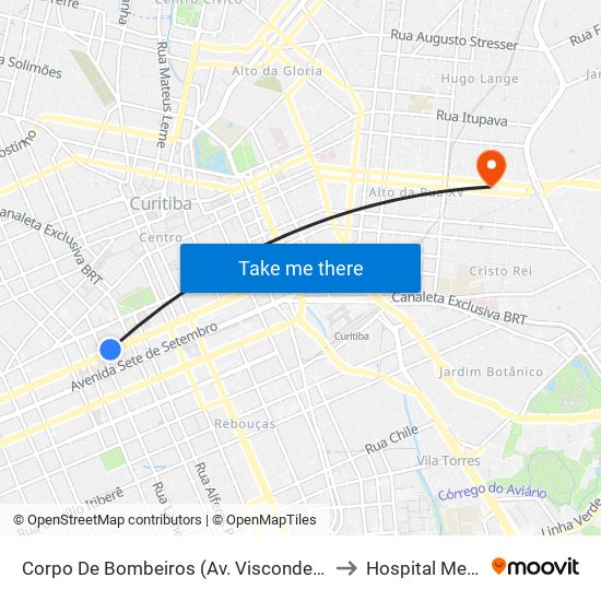 Corpo De Bombeiros (Av. Visconde De Guarapuava, 3571) to Hospital Menino Deus map