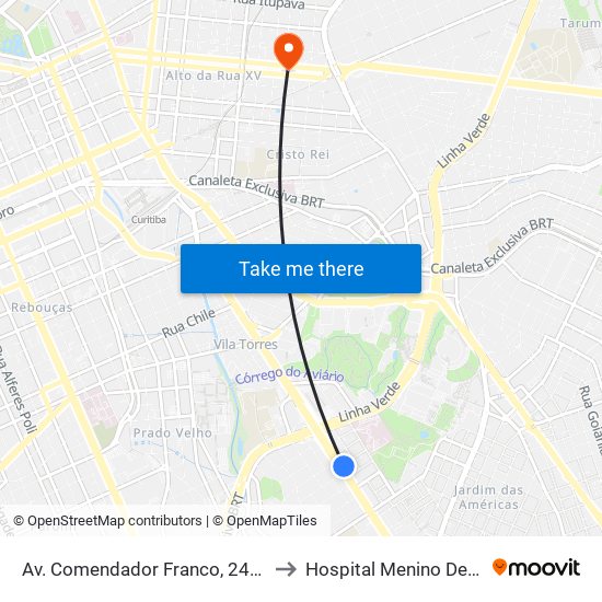 Av. Comendador Franco, 2484 to Hospital Menino Deus map