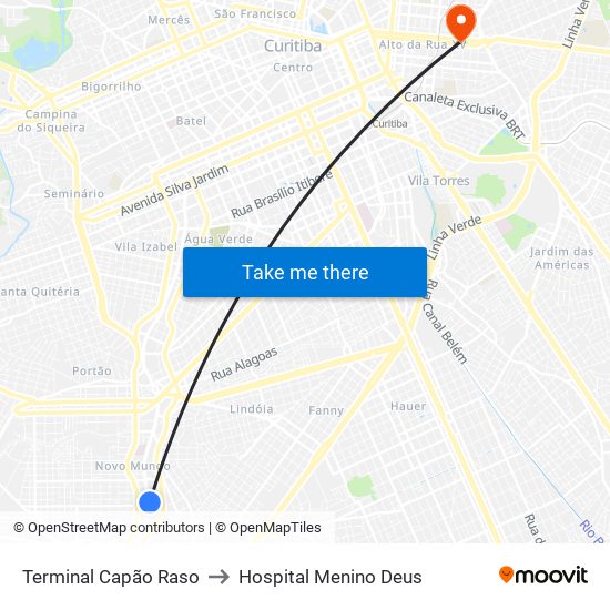 Terminal Capão Raso to Hospital Menino Deus map