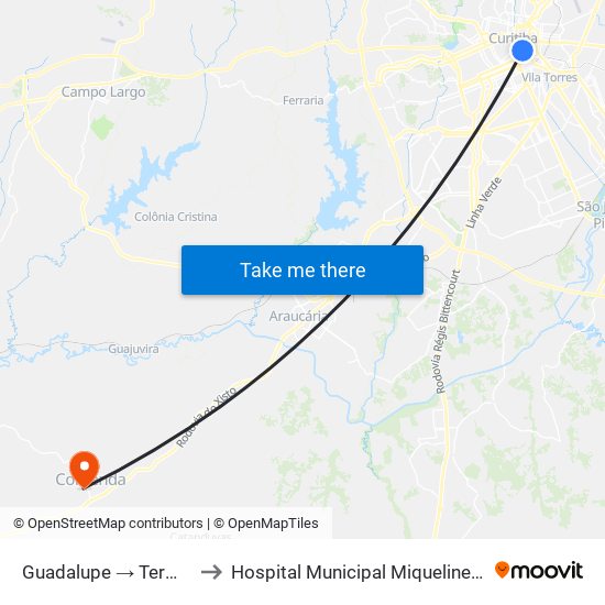 Guadalupe → Terminal Pinheirinho to Hospital Municipal Miqueline e Elisa Franco Padilha map