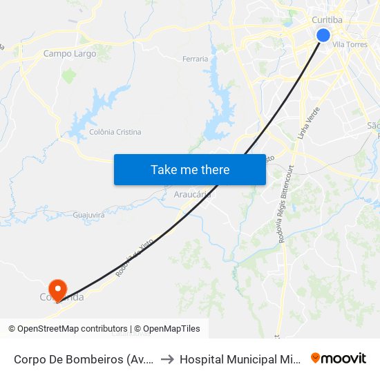 Corpo De Bombeiros (Av. Visconde De Guarapuava, 3571) to Hospital Municipal Miqueline e Elisa Franco Padilha map