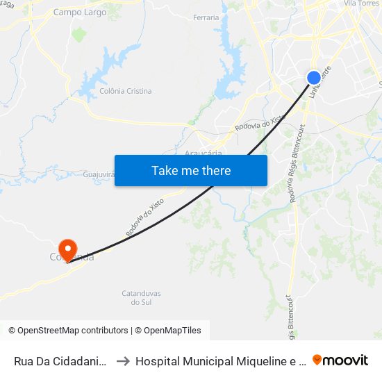 Rua Da Cidadania Pinheirinho to Hospital Municipal Miqueline e Elisa Franco Padilha map